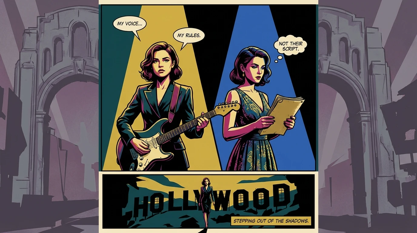 A symbolic image representing the life lessons from Maya Hawke, showing a young artist embracing multiple creative paths while stepping out of the shadow of a grand Hollywood legacy. filename: life-lessons-from-maya-hawke-bestie-ai.webp