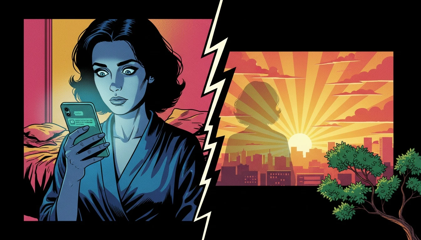 A person discovers the limitations of AI in psychotherapy while isolated in a dark room, illuminated by a phone screen, missing the real sunrise outside. filename: limitations-of-ai-in-psychotherapy-bestie-ai.webp