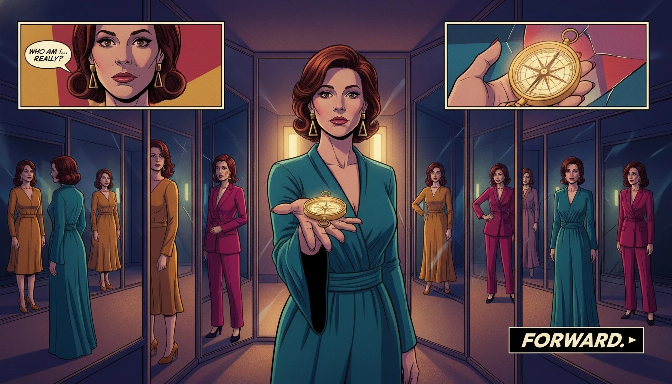 A person holding a compass while surrounded by mirrors, symbolizing the journey of self-discovery beyond the limitations of the MBTI test. Filename: limitations-of-the-mbti-test-bestie-ai.webp