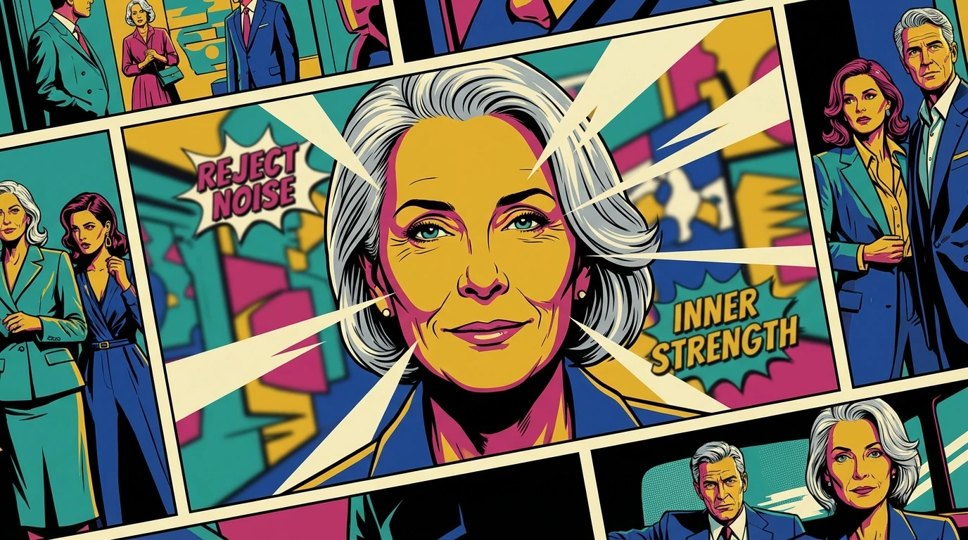 A powerful portrait of a confident older woman, embodying the wisdom of Linda Hamilton on aging and rejecting Hollywood's beauty standards. Filename: linda-hamilton-on-aging-bestie-ai.webp