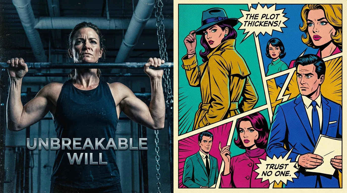 A woman with a strong physique, representing the intense Linda Hamilton Terminator 2 workout, performs a pull-up in a dimly lit gym. linda-hamilton-terminator-2-workout-bestie-ai.webp