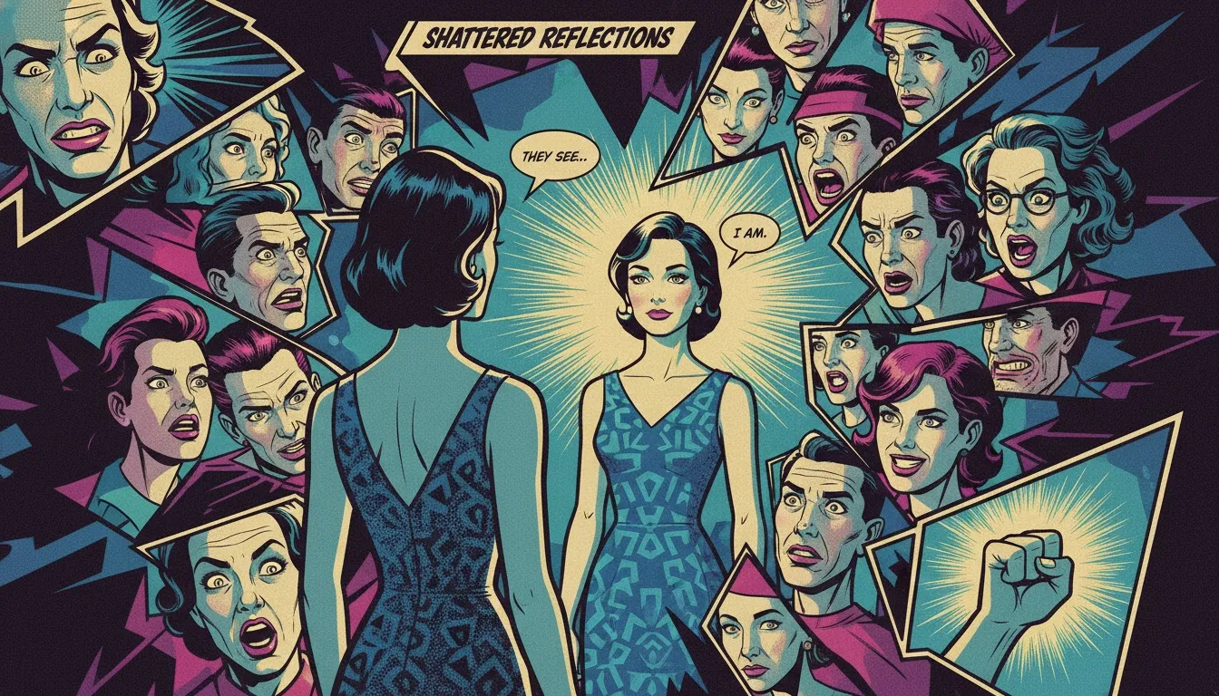 A person sees a confident reflection of themselves in a shattered mirror, symbolizing the weak link between physical appearance and personality perception. Filename: link-between-physical-appearance-and-personality-perception-bestie-ai.webp