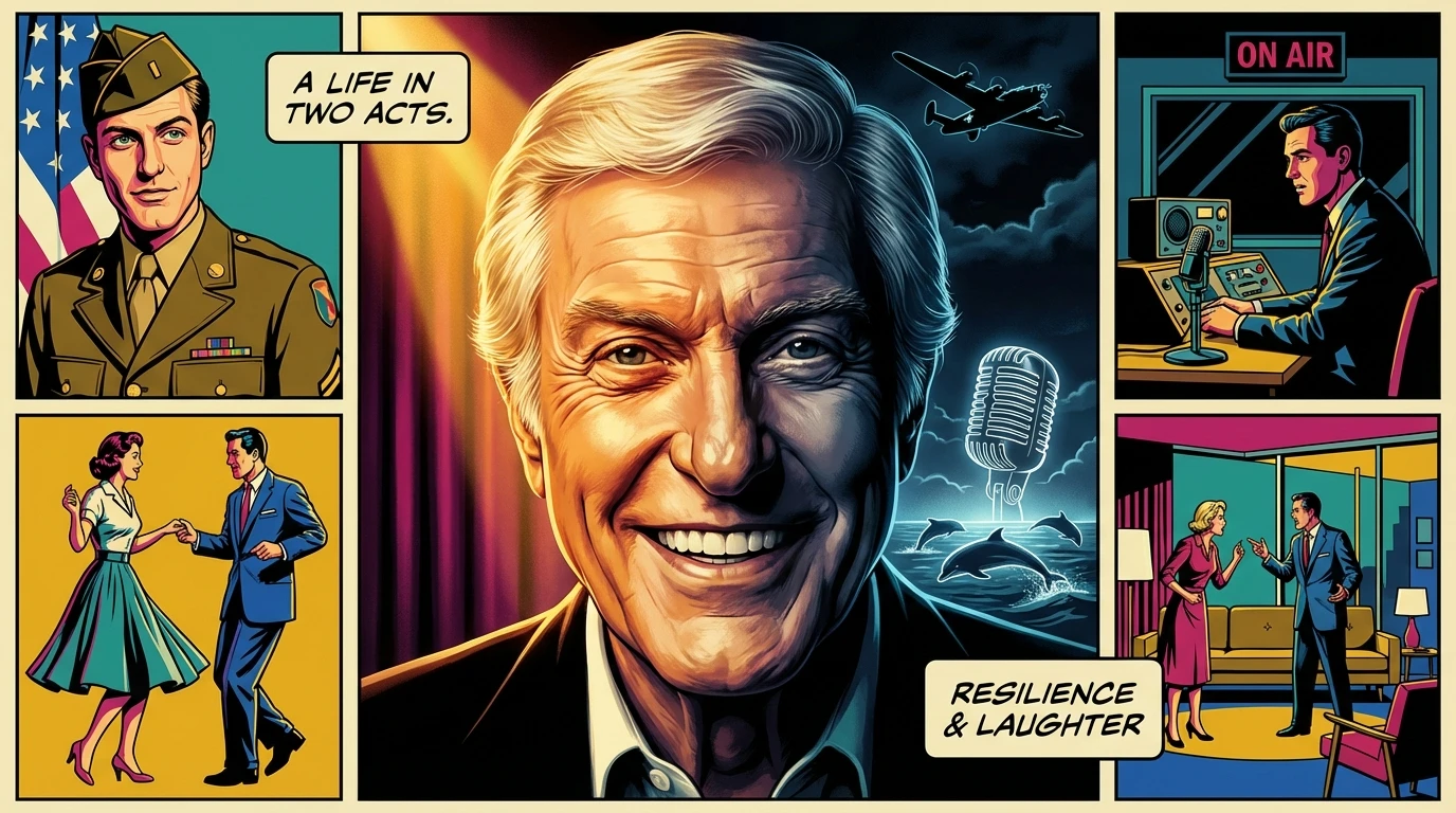 An artistic depiction of the little known facts about Dick Van Dyke, showing his cheerful public face contrasted with symbols of his hidden struggles and surprising past. dick-van-dyke-surprising-facts-bestie-ai.webp