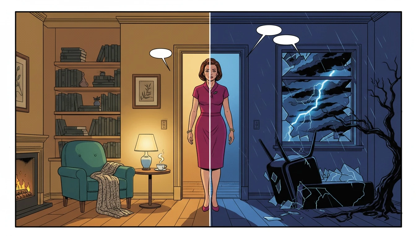 A person feeling conflicted while living with a sibling with schizophrenia, depicted by a home split between a safe side and a chaotic side. filename: living-with-a-sibling-with-schizophrenia-bestie-ai.webp