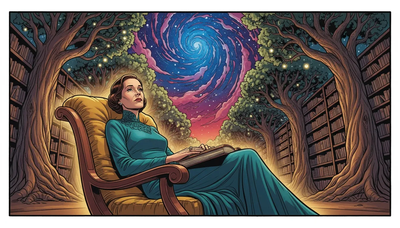 A symbolic image exploring the concept of the loneliest MBTI type, showing a person finding comfort and a rich inner world in solitude, within a vast magical library. Filename: loneliest-mbti-type-solitude-bestie-ai.webp