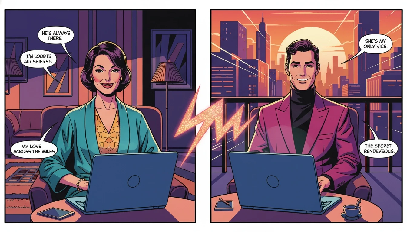 A visual representation of a successful long distance boyfriend day celebration, showing a couple connecting happily over video call, bridging the physical miles between them. long-distance-boyfriend-day-celebration-bestie-ai.webp