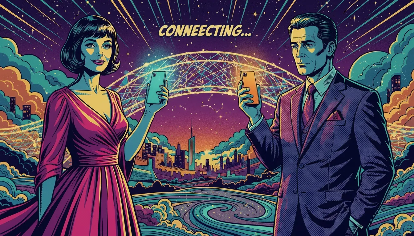 A symbolic image representing the best long-distance-relationship-gifts-for-him-bestie-ai.webp, showing two people connected by a bridge of light between their phones, bridging the physical miles.