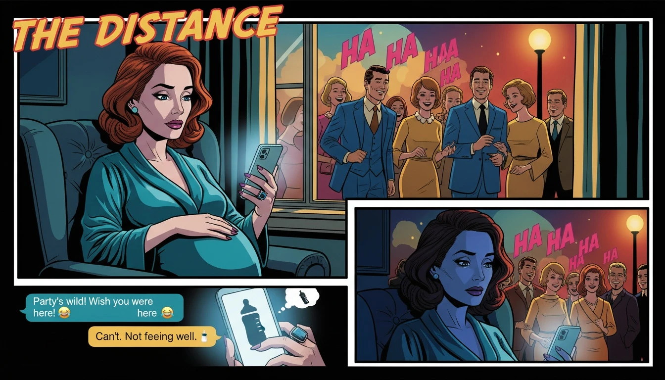 A woman experiencing losing friends during pregnancy loneliness looks out a window at a distant social gathering, losing-friends-during-pregnancy-loneliness-bestie-ai.webp