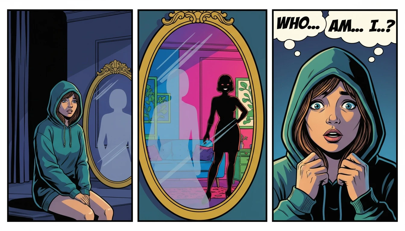 A woman in an oversized hoodie sees a faint reflection of herself, symbolizing the experience of losing myself in my relationship and the journey to rediscover her identity. losing-myself-in-my-relationship-bestie-ai.webp