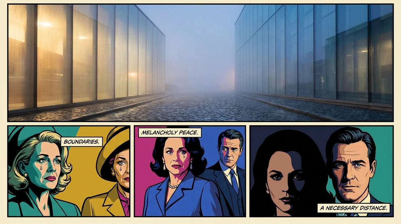 Two glass walls reflecting different skies, illustrating the complex challenge of maintaining friendship with an ex psychology by setting clear emotional boundaries. Filename: maintaining-friendship-with-an-ex-psychology-bestie-ai.webp