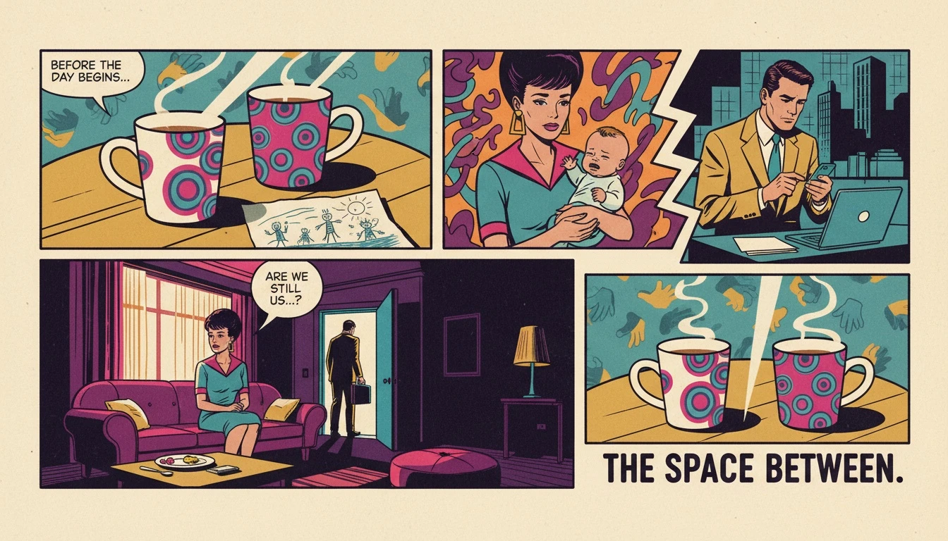 maintaining-intimacy-after-baby-bestie-ai.webp. A quiet morning scene representing the balance of maintaining intimacy after baby with coffee and domestic life.