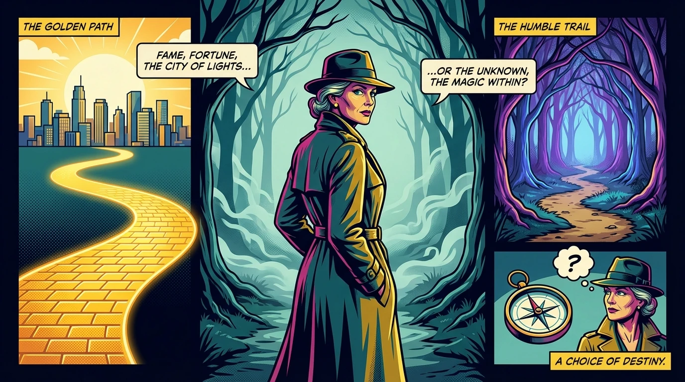 A person at a crossroads contemplating two paths, symbolizing the process of making difficult career choices between external success and personal values. making-difficult-career-choices-bestie-ai.webp