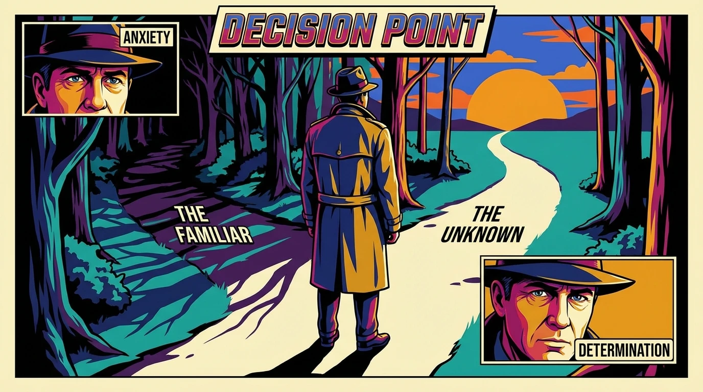 A person considers a new path, symbolizing the process of managing anxiety during a career change and embracing the unknown. filename: managing-anxiety-during-a-career-change-bestie-ai.webp