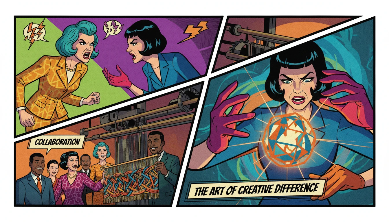 Two different colored threads being woven together on a loom, a visual metaphor for the art of managing creative differences in teams. filename: managing-creative-differences-in-teams-bestie-ai.webp