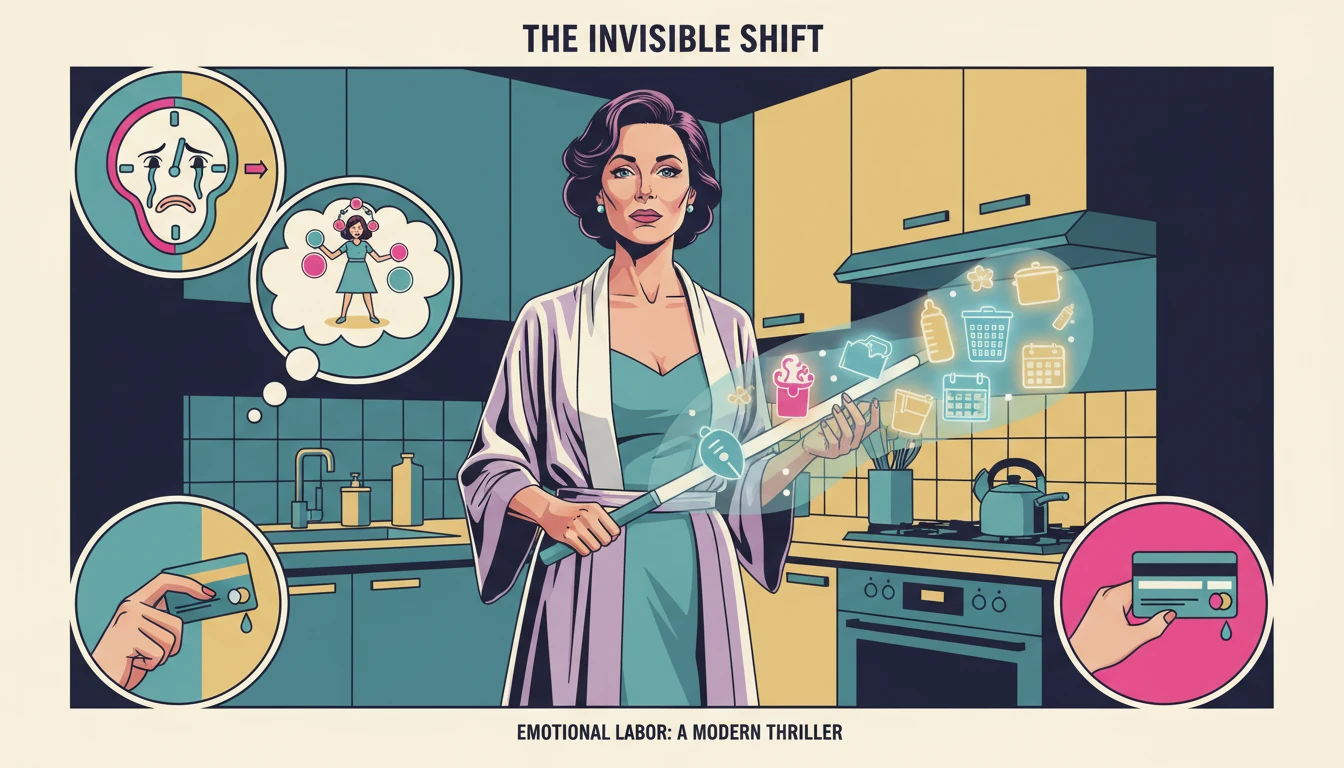 A woman managing the invisible weight of emotional labor in marriage represented by a glowing baton-bestie-ai.webp