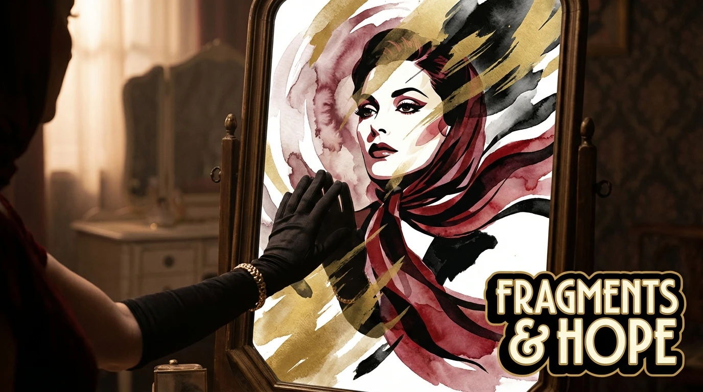 A woman's distorted reflection represents the challenge of managing pms low self-esteem, while her steady hand shows a path to reclamation from premenstrual syndrome. filename: managing-pms-low-self-esteem-bestie-ai.webp