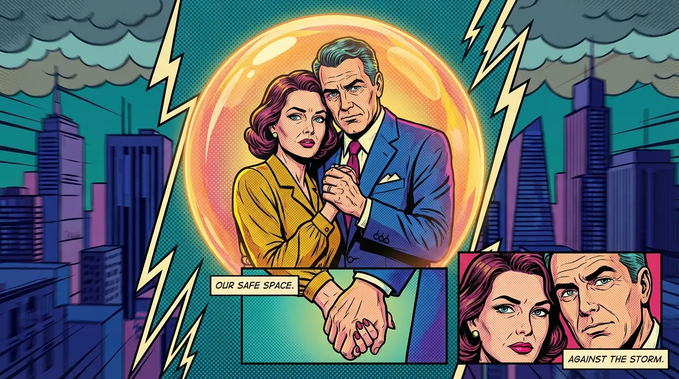 A couple finds peace inside a protective bubble, illustrating the challenge of managing relationships under public scrutiny in a chaotic world. managing-relationships-under-public-scrutiny-bestie-ai.webp
