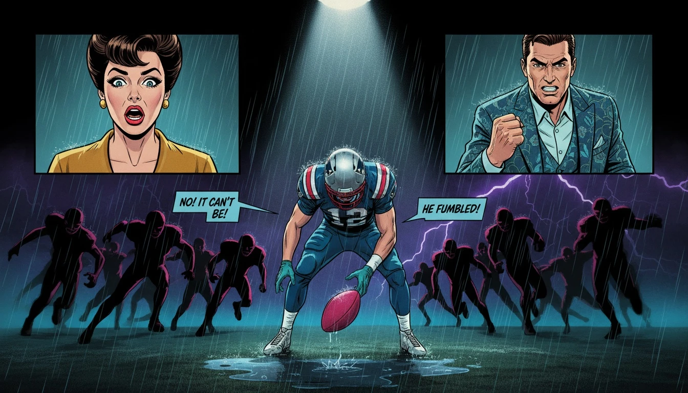 A dramatic depiction of the moment the Marte Mapu fake punt failed, showing a player fumbling the ball under immense pressure from the defense. Filename: marte-mapu-fake-punt-breakdown-bestie-ai.webp