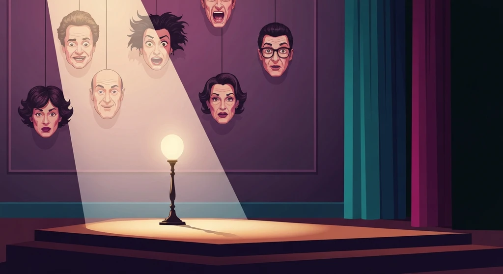 An artistic representation of Martin Short's career reinvention, showing various theatrical masks and a single spotlight on an empty stage, symbolizing future roles. filename: martin-short-career-reinvention-lessons-bestie-ai.webp