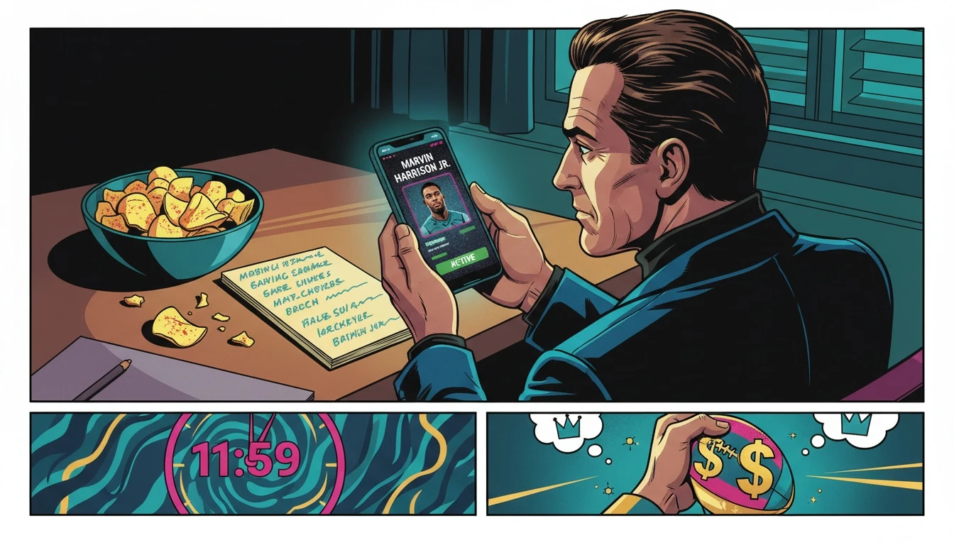 A fantasy manager makes a crucial last-minute decision on Marvin Harrison Jr.'s playing status, shown on a glowing phone screen in a dark room. filename: marvin-harrison-jr-playing-status-bestie-ai.webp