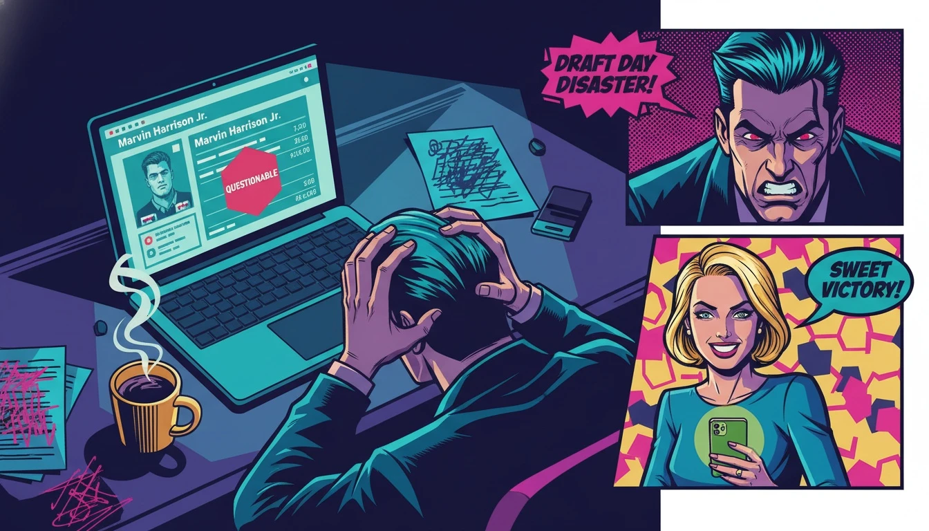 A fantasy manager analyzing stats on a laptop to make a crucial start or sit decision about Marvin Harrison Jr. for their championship game. marvin-harrison-jr-start-sit-advice.webp