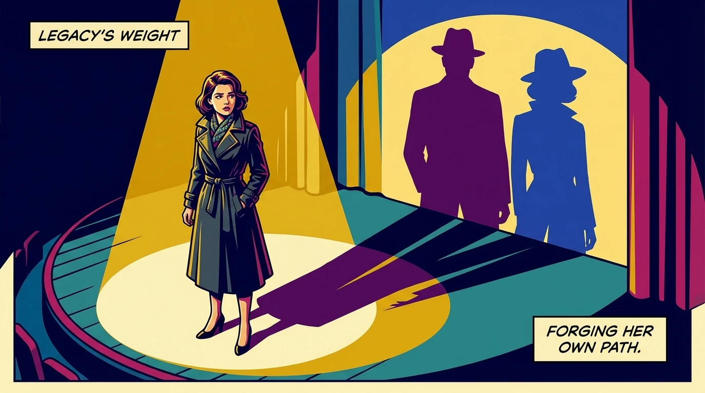 An artistic representation of the Maya Hawke nepotism debate, showing the actress on a stage with the giant shadows of her parents looming behind her, symbolizing the weight of her lineage. Filename: maya-hawke-nepotism-debate-bestie-ai.webp