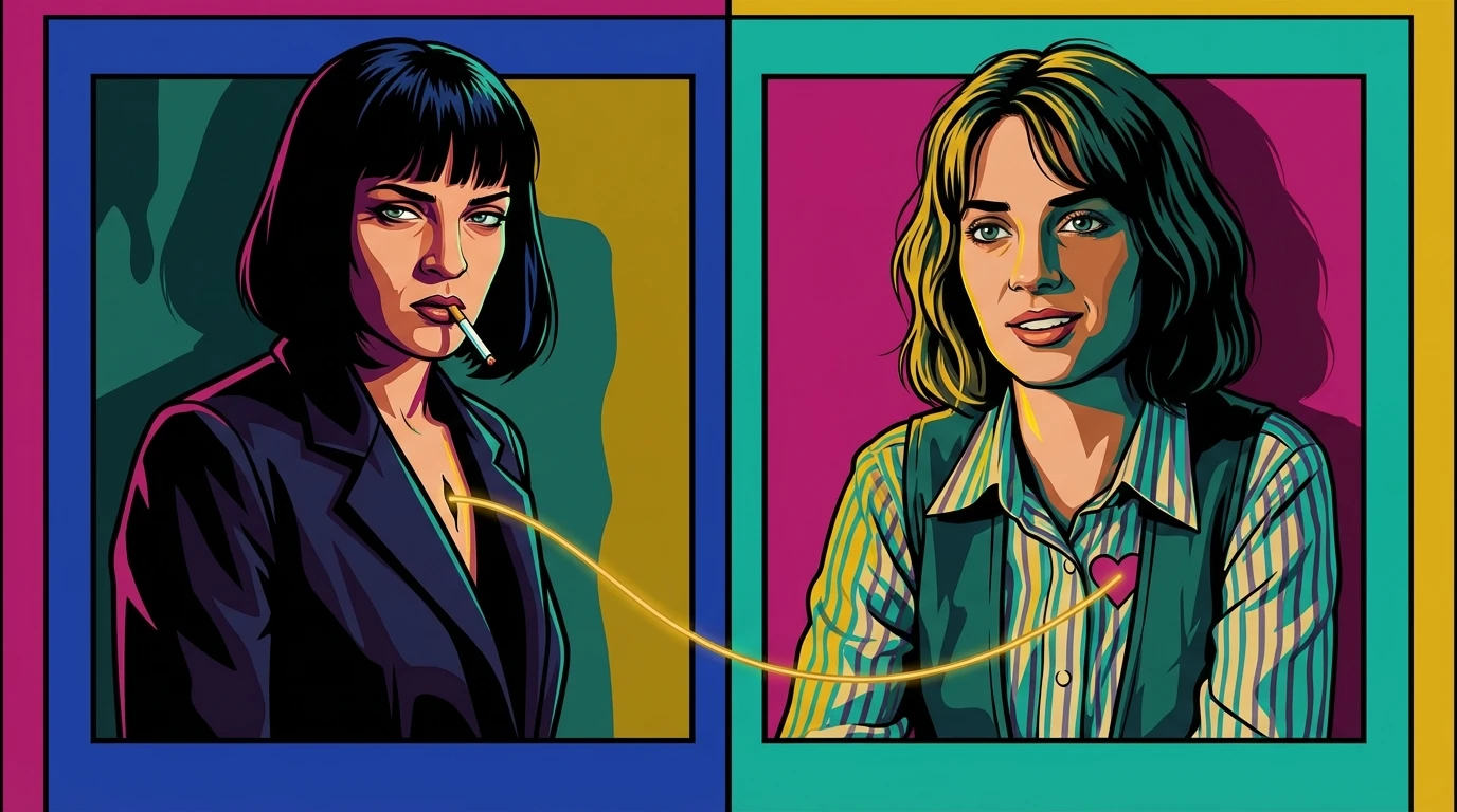 A split-screen image illustrating the Maya Hawke and Uma Thurman comparison, with Uma on the left and Maya on the right, connected by a symbolic thread representing their Hollywood legacy. maya-hawke-uma-thurman-comparison-bestie-ai.webp
