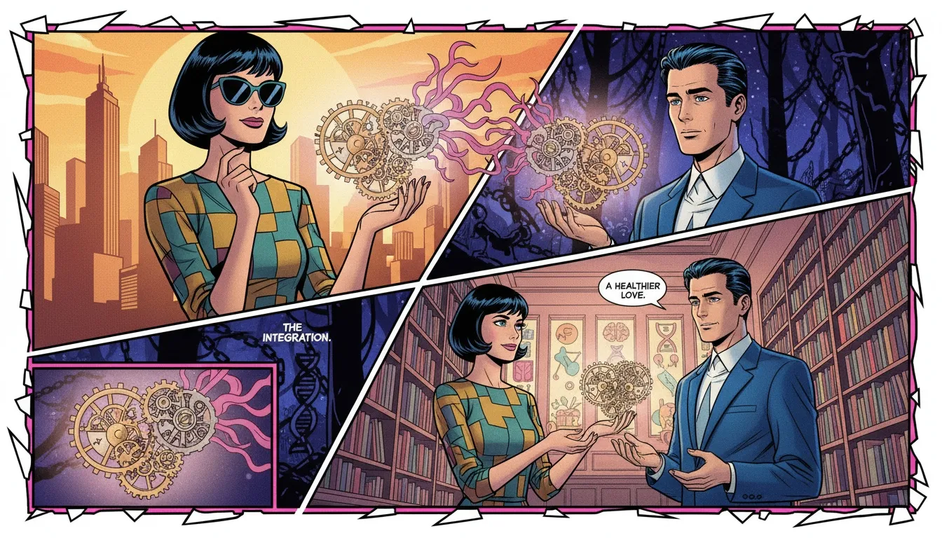 Two clockwork hearts, one representing personality and the other with roots, meshing together to illustrate the connection between MBTI and attachment theory in relationships. mbti-and-attachment-theory-bestie-ai.webp