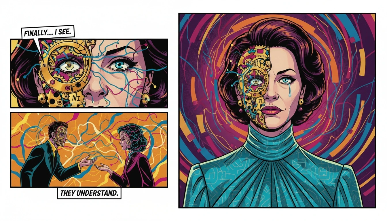 A symbolic representation of the mbti and autism correlation, showing a face split between a mechanical brain and a neural network, illustrating the search for self-understanding. Filename: mbti-and-autism-correlation-bestie-ai.webp