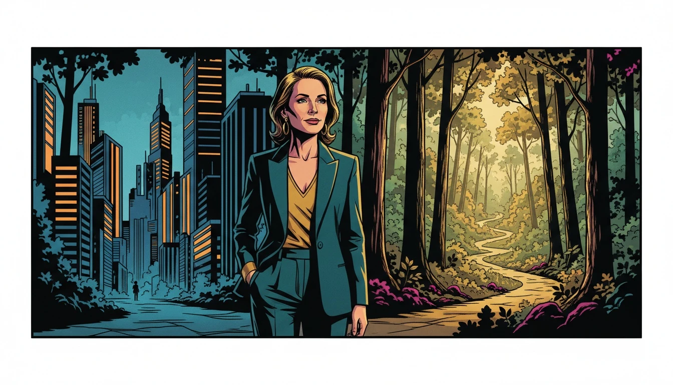 A contemplative person at a crossroads, symbolizing an mbti and career change at 40 by choosing a path into a sunlit forest over a path back to a city. mbti-and-career-change-at-40-bestie-ai.webp