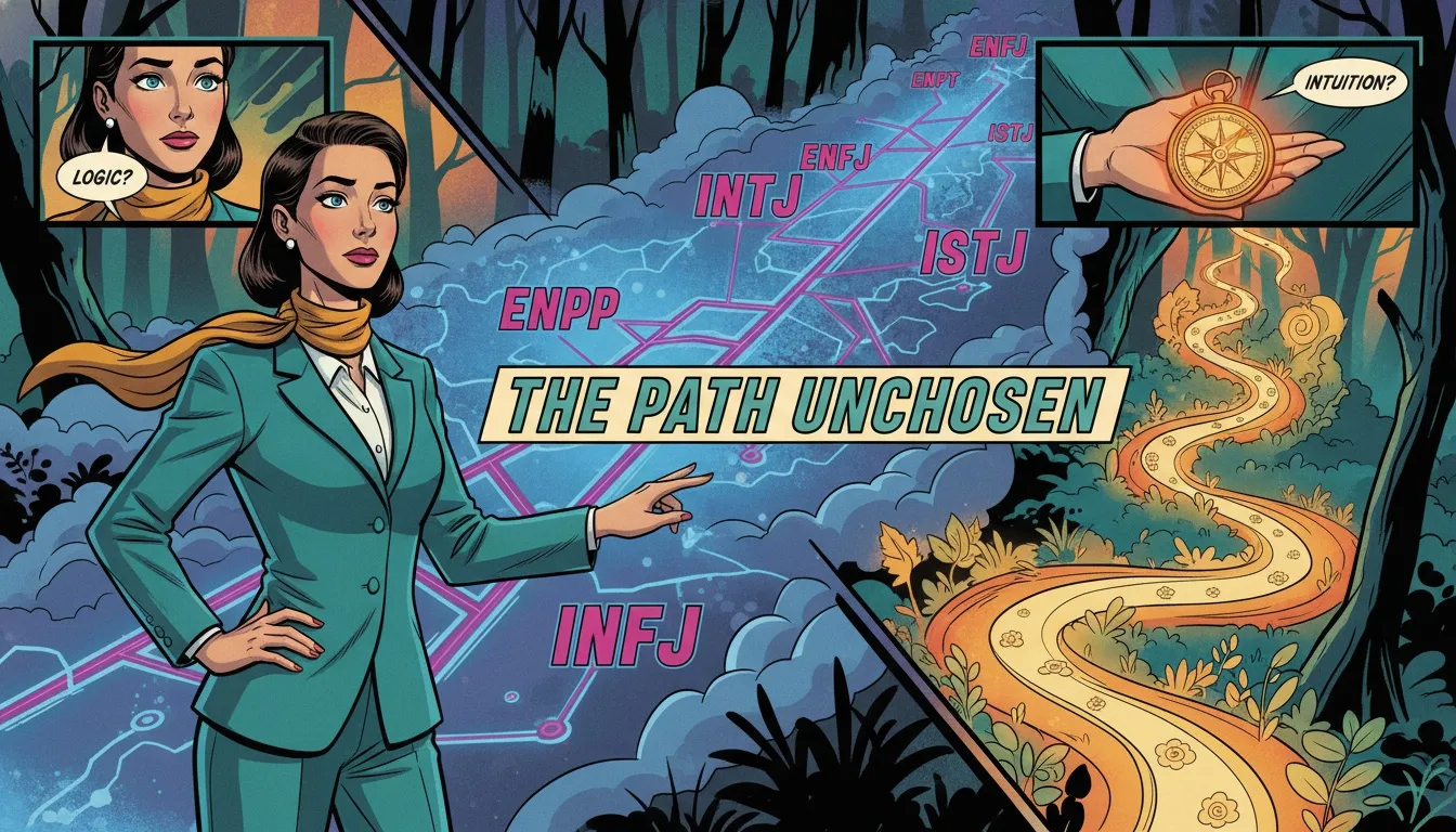A visual metaphor for understanding MBTI and career success, showing a person choosing a winding path guided by a compass over a rigid, pre-defined map. This illustrates the nuanced view on mbti career test accuracy. mbti-and-career-success-guide-or-horoscope-bestie-ai.webp