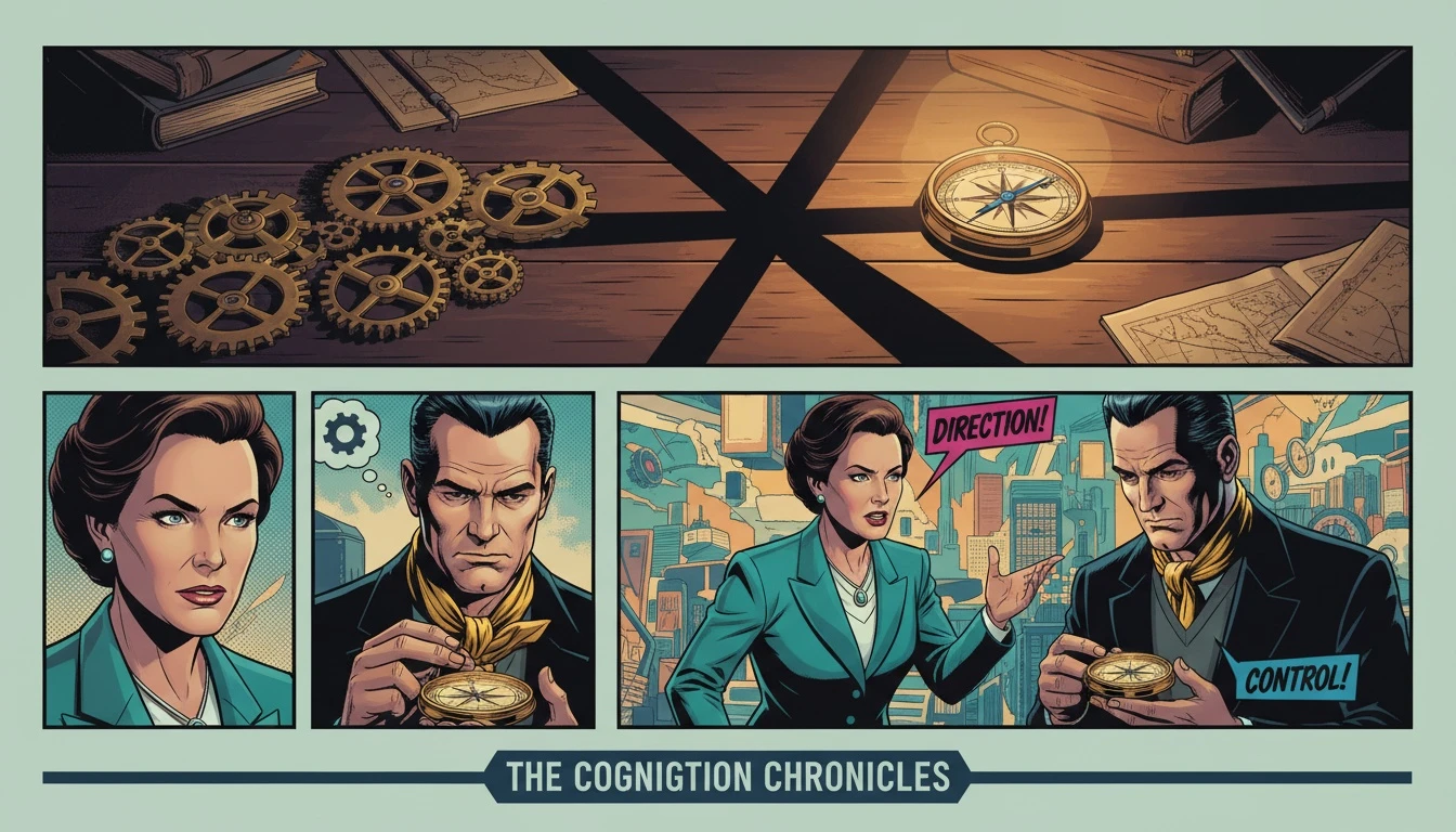 A symbolic image representing mbti and enneagram compatibility, showing mechanical gears (MBTI's 'how') next to a glowing compass (Enneagram's 'why') on a wooden table. Filename: mbti-and-enneagram-compatibility-bestie-ai.webp