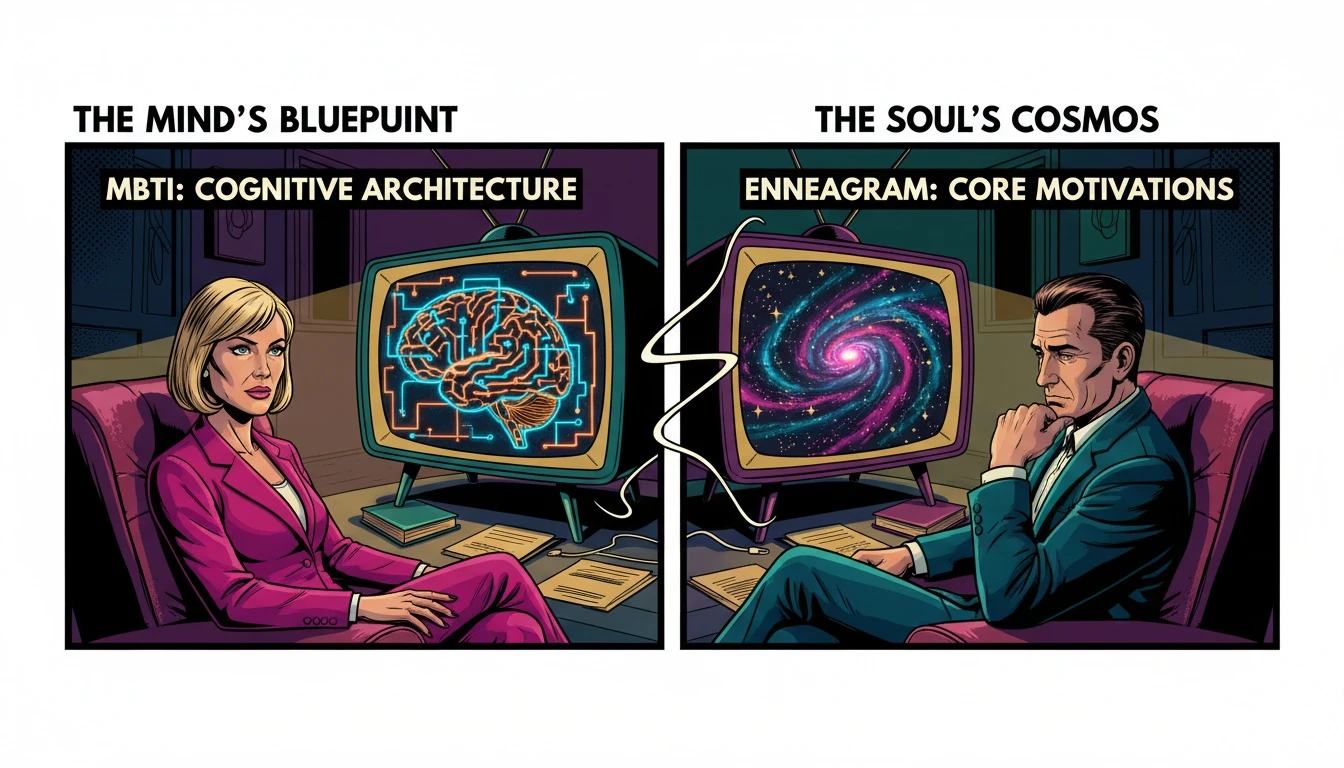A symbolic image showing the mbti and enneagram correlation, with one screen displaying brain blueprints and another a galaxy of motivations, illustrating the layers of personality. mbti-and-enneagram-correlation-bestie-ai.webp