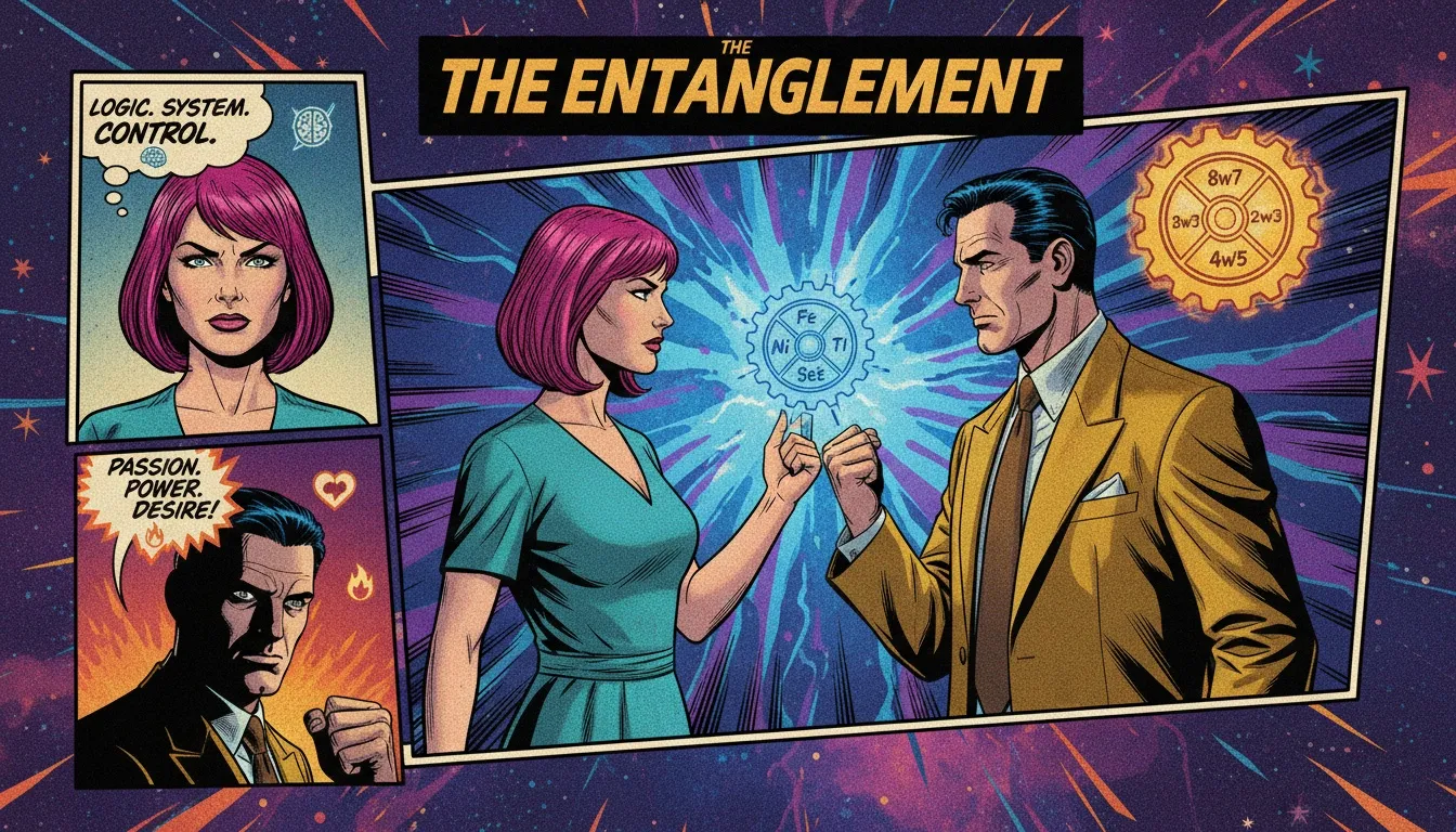 An illustration showing the mbti and enneagram correlation cognitive functions as two interlocking gears, one for logic and one for motivation, working together. Filename: mbti-and-enneagram-correlation-cognitive-functions-bestie-ai.webp