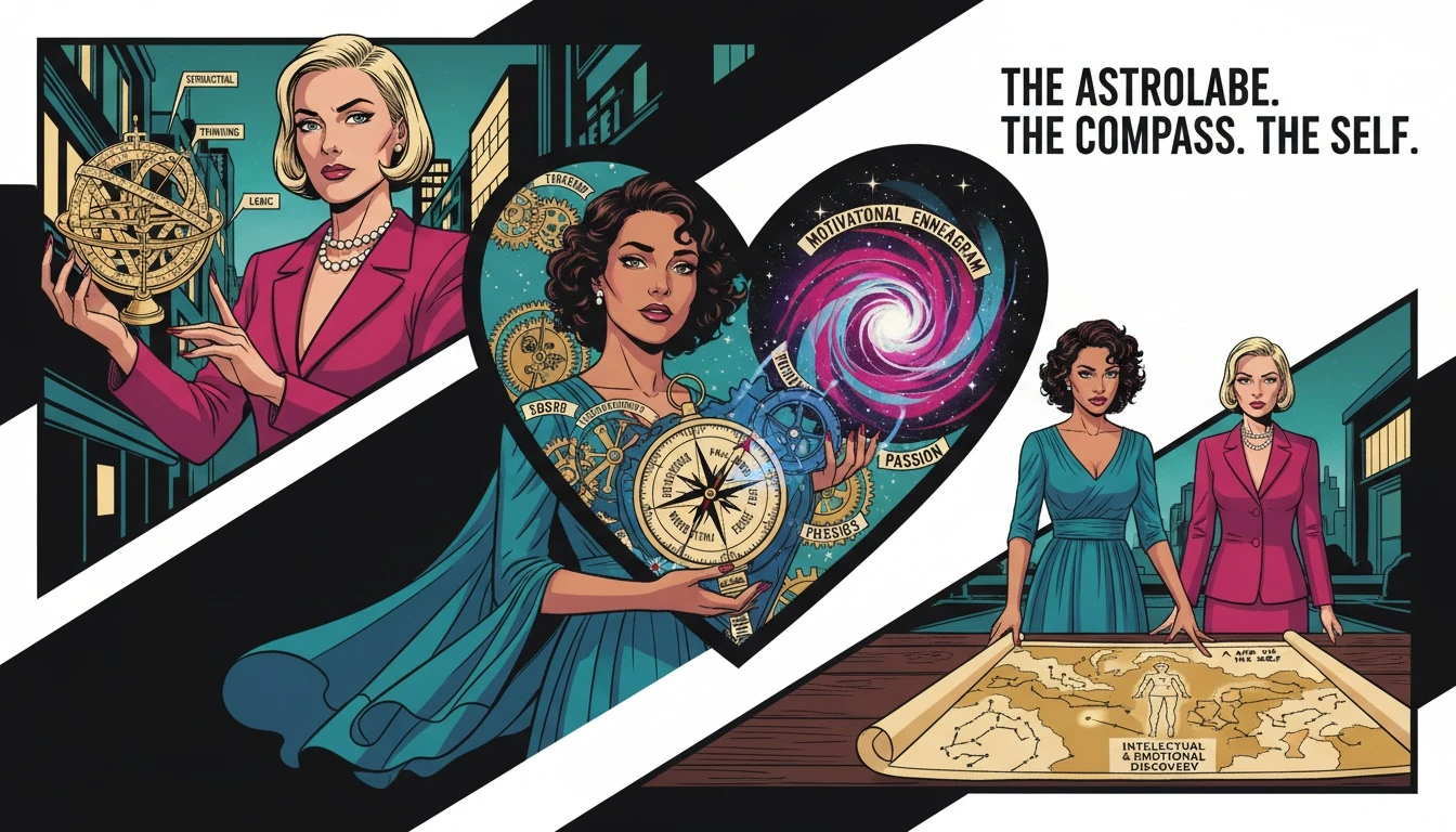 Two intricate personality tools, an astrolabe and a heart-shaped compass, on a table, illustrating the difference between MBTI and enneagram systems as maps to the self. mbti-and-enneagram-difference-bestie-ai.webp