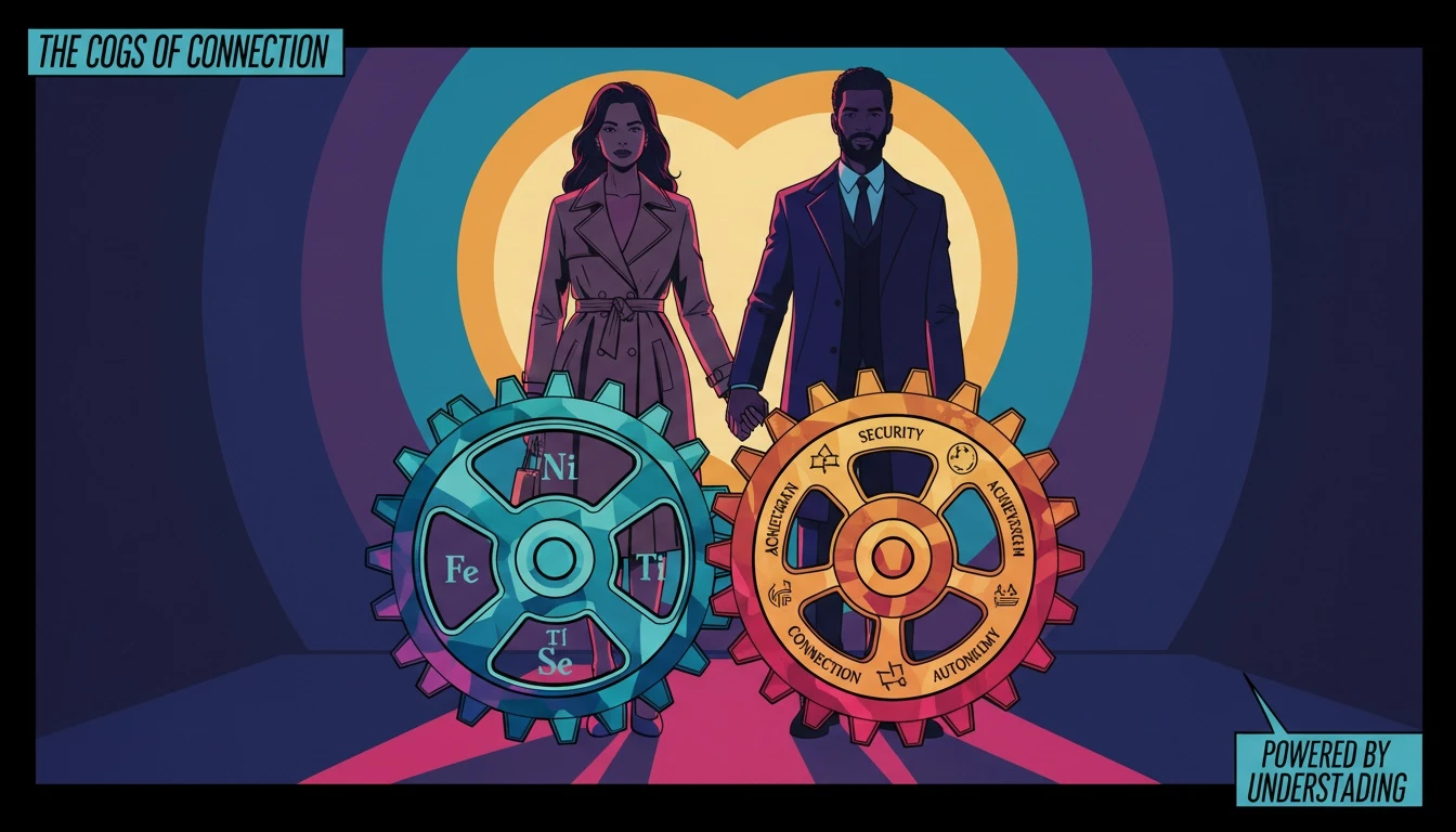 Two personality gears connecting, illustrating the powerful use of mbti and enneagram for relationships to help a couple understand each other. Filename: mbti-and-enneagram-for-relationships-bestie-ai.webp