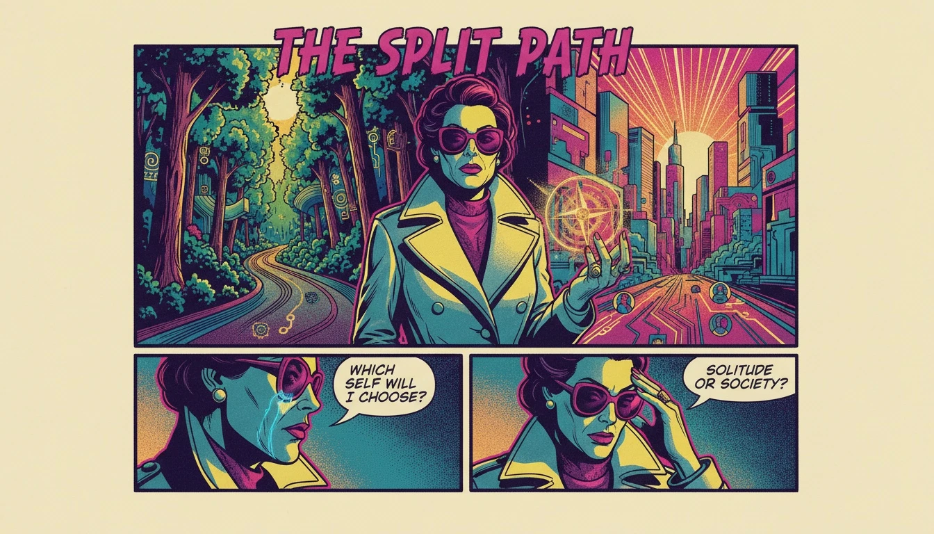 A person holds a glowing compass at a crossroads, symbolizing the choice between different ethical paths in MBTI and moral alignment. Filename: mbti-and-moral-alignment-bestie-ai.webp