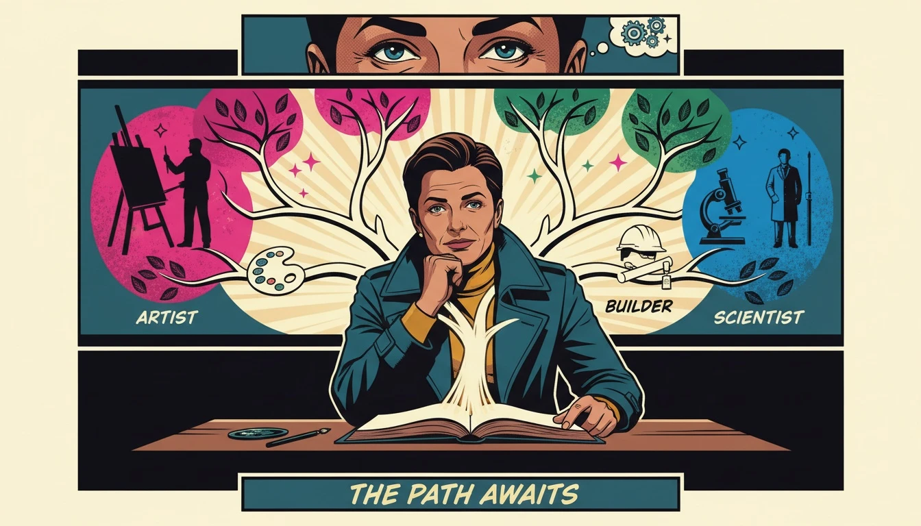 A person discovers career paths by reading mbti career assessment books, symbolized by a glowing tree of possibilities growing from a book. mbti-career-assessment-books-bestie-ai.webp