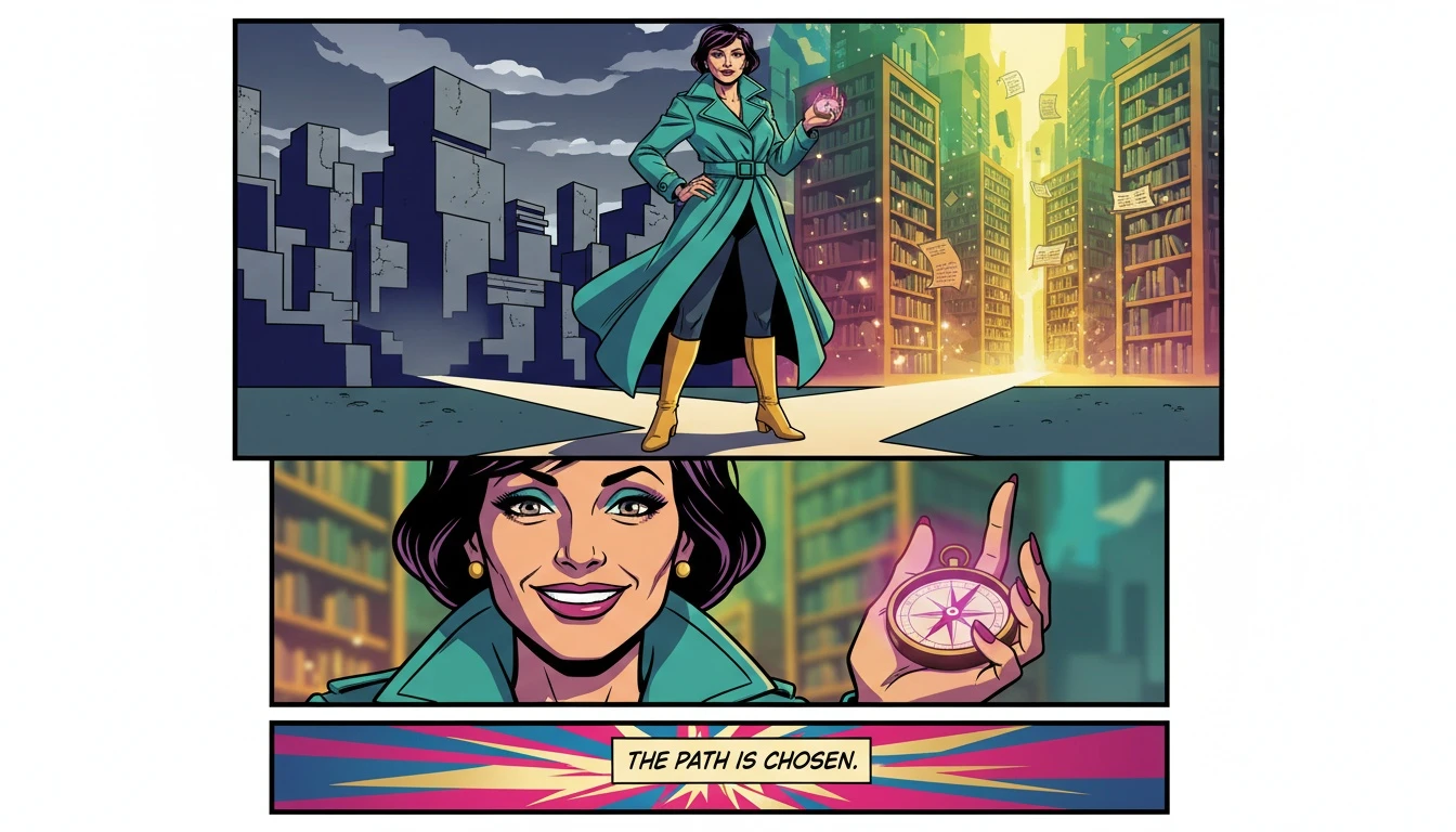 A person using a glowing compass as an MBTI career development guide to choose between a dull city path and a vibrant, personalized one, symbolizing job satisfaction. File: mbti-career-development-guide-bestie-ai.webp