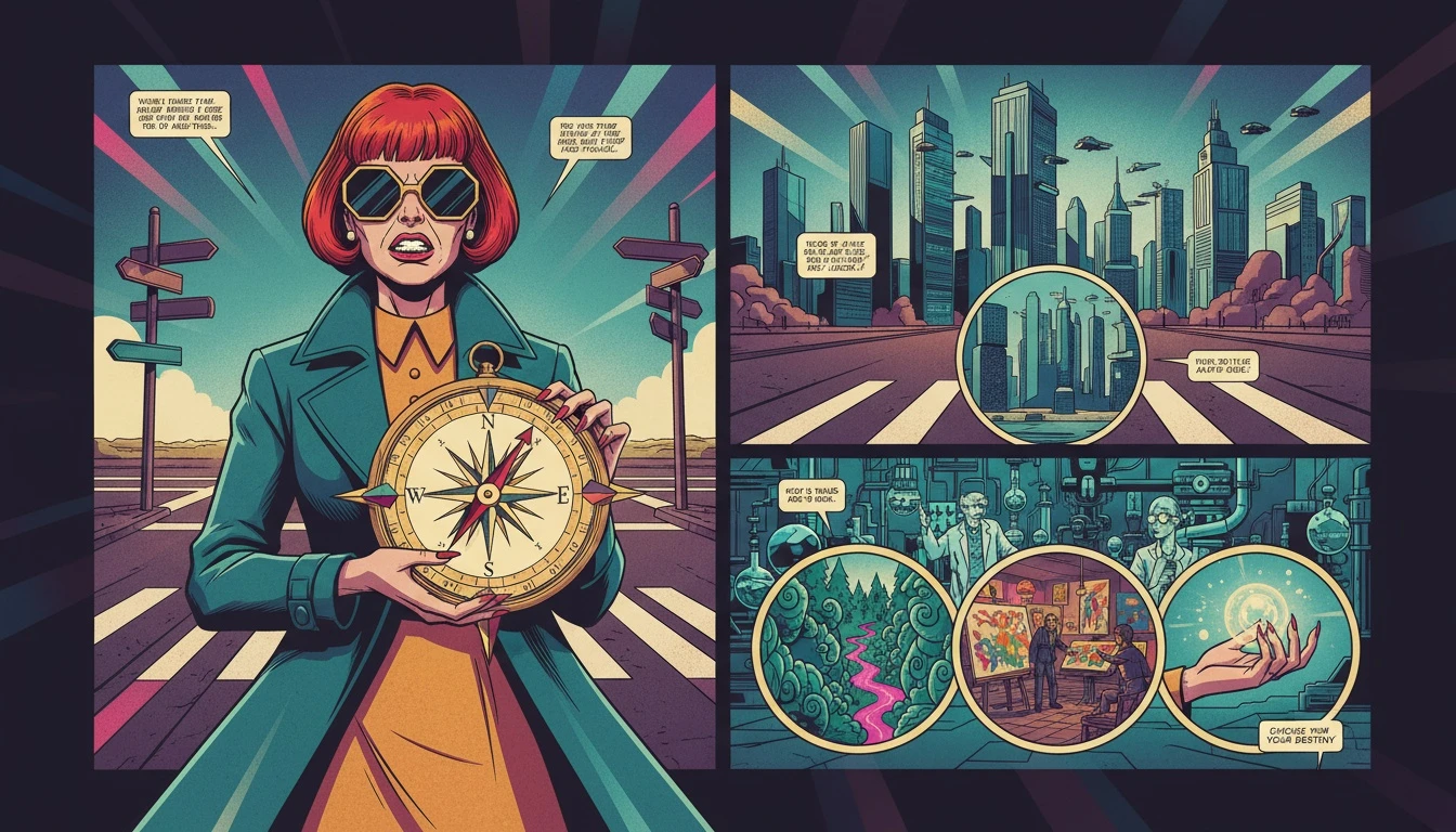 An artistic image of a compass representing the MBTI career guide, with 16 points leading to different career paths and symbolizing the choices for each personality type. Filename: mbti-career-guide-bestie-ai.webp