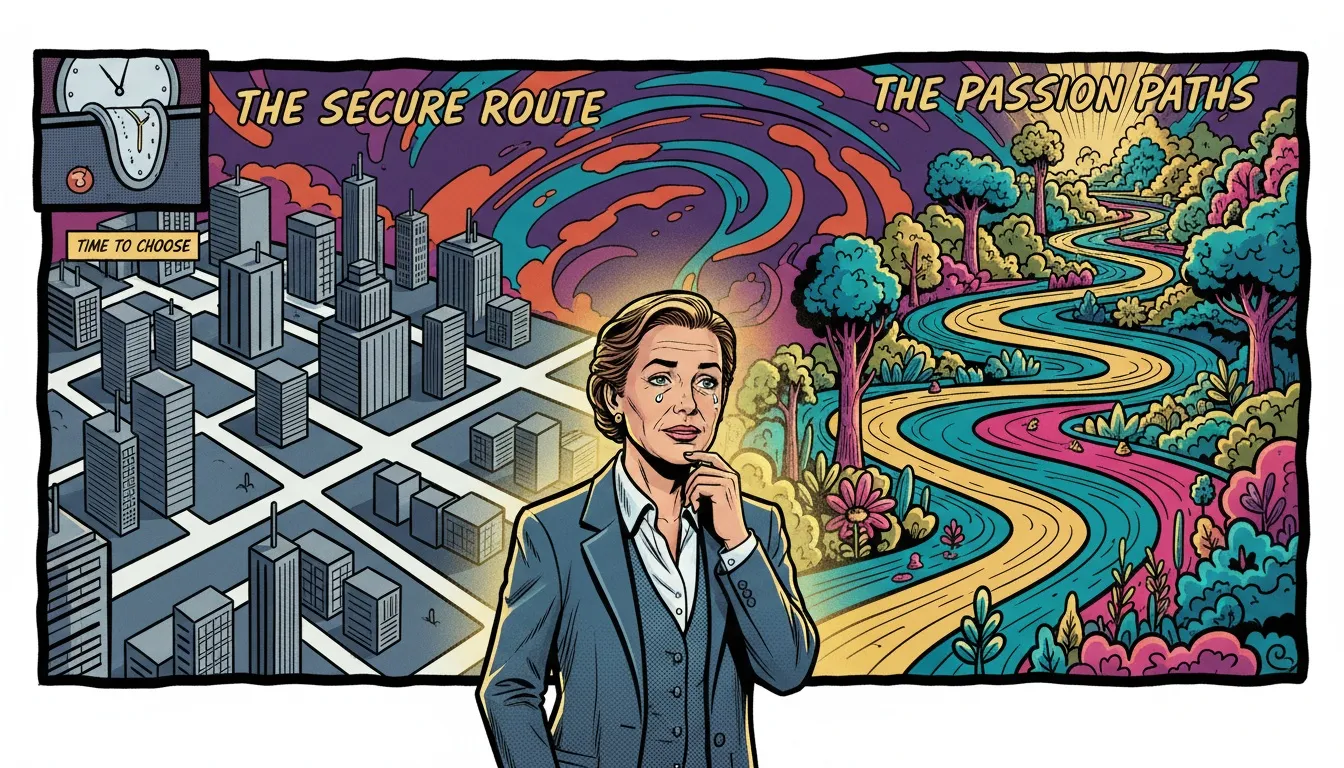 A person using an mbti career guide to choose between a rigid, unfulfilling job and a vibrant, aligned career path, symbolizing the power of self-knowledge. mbti-career-guide-bestie-ai.webp