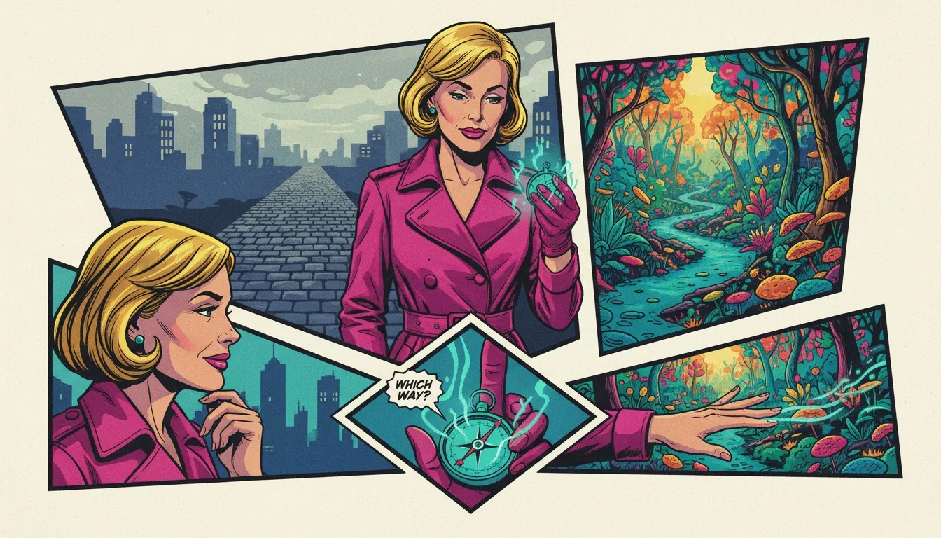 A person using an MBTI career matching guide, symbolized by a glowing compass, to choose between a dull city career path and a vibrant, fulfilling one in a forest. Filename: mbti-career-matching-guide-bestie-ai.webp