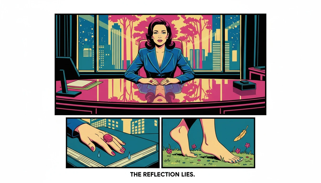 A symbolic representation of mbti career mismatch burnout, showing a person in a corporate office whose reflection reveals a desire for a more natural, authentic life. filename: mbti-career-mismatch-burnout-bestie-ai.webp