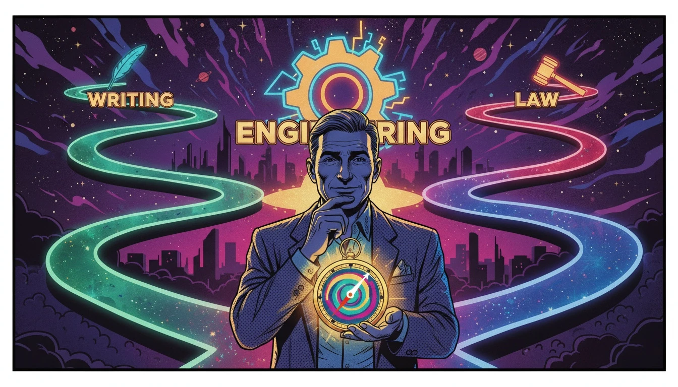 A visual representation of choosing mbti career paths based on famous people, with a person holding a compass at a crossroads of potential jobs, symbolizing strengths-based career development. filename: mbti-career-paths-based-on-famous-people-bestie-ai.webp