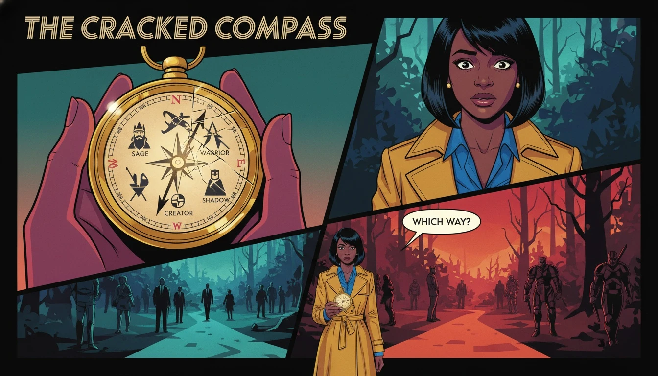 A person at a career crossroads holding a beautiful but cracked compass with personality archetypes, illustrating the flawed nature of mbti career prediction accuracy. filename: mbti-career-prediction-accuracy-bestie-ai.webp