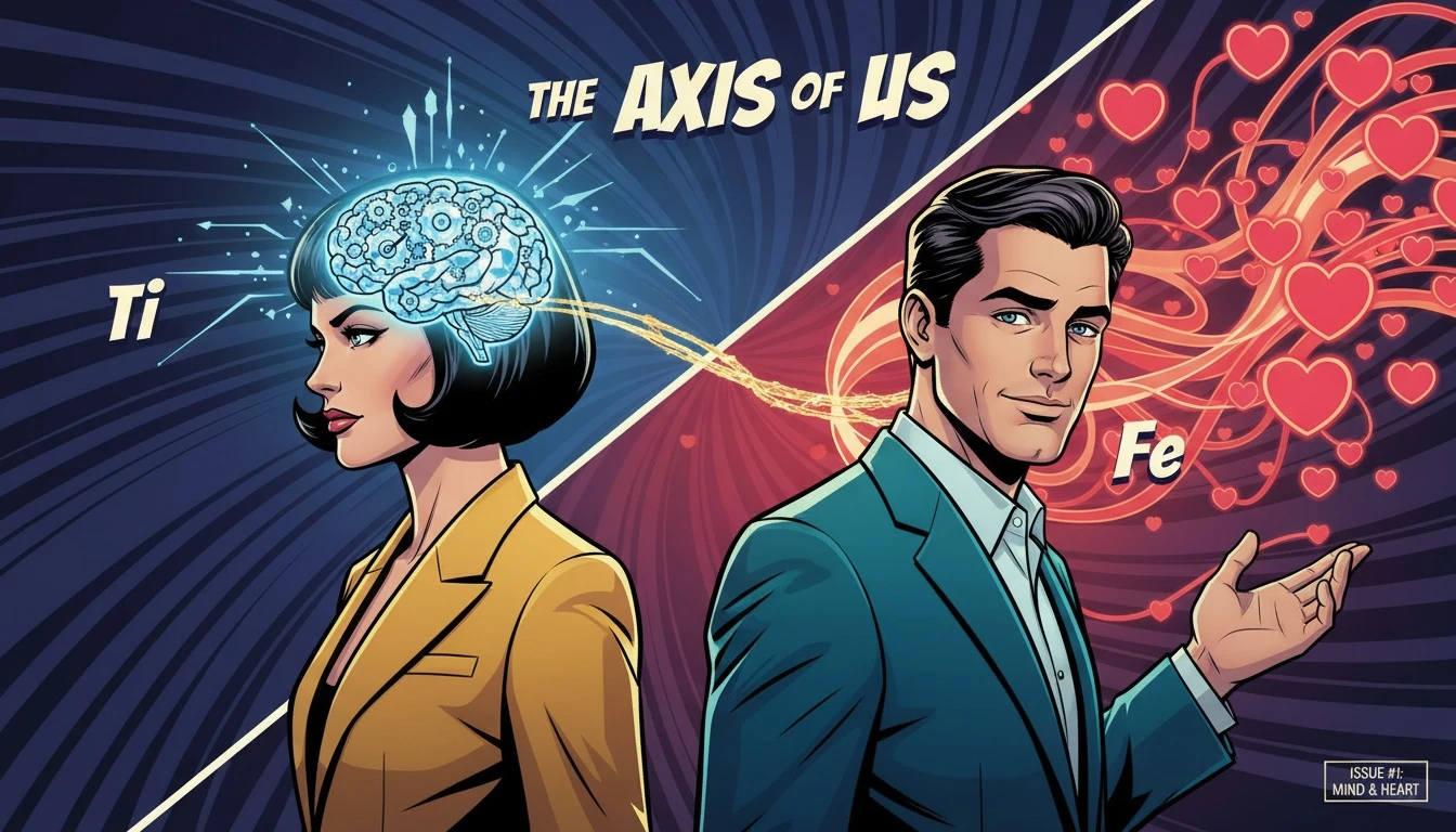 A symbolic image representing the mbti cognitive function axis, showing a logical, crystalline brain connected by a thread of light to a network of warm, glowing hearts. Filename: mbti-cognitive-function-axis-explained-bestie-ai.webp