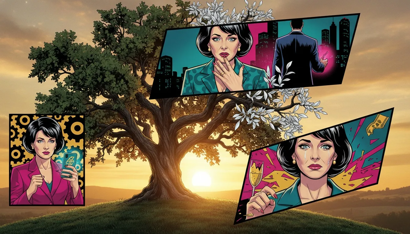 An ancient tree symbolizing mbti cognitive function development, with lush green leaves on one side and new silver leaves sprouting on the other, representing the integration of all functions. Filename: mbti-cognitive-function-development-bestie-ai.webp