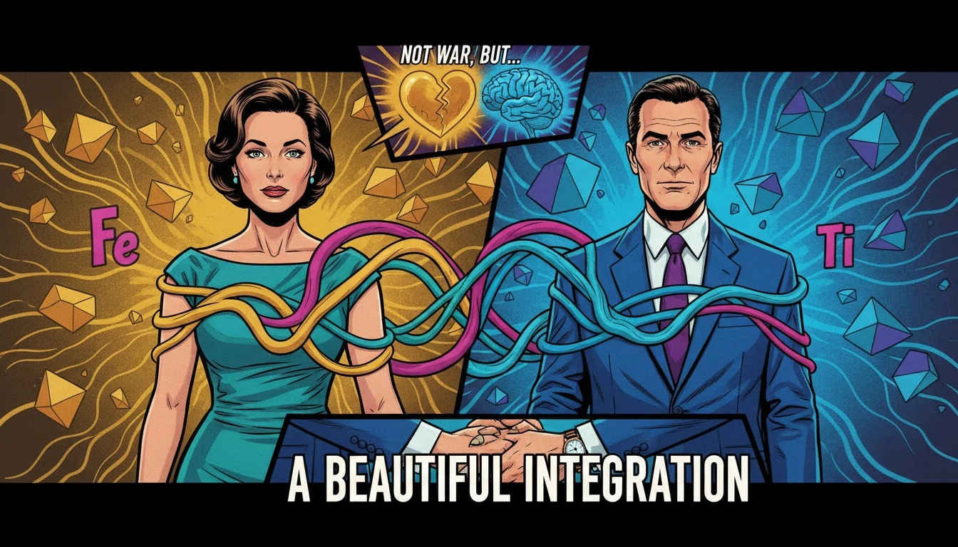 A symbolic representation of mbti cognitive function development, showing a person integrating their emotional (gold) and logical (blue) sides into a balanced whole.webp