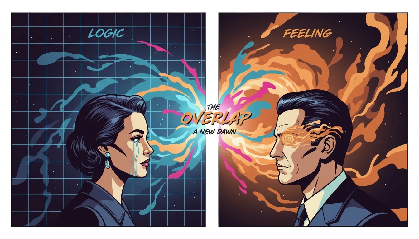 Two different energy patterns intertwining to illustrate how understanding MBTI cognitive functions in relationships can create connection from conflict. Filename: mbti-cognitive-functions-in-relationships-bestie-ai.webp