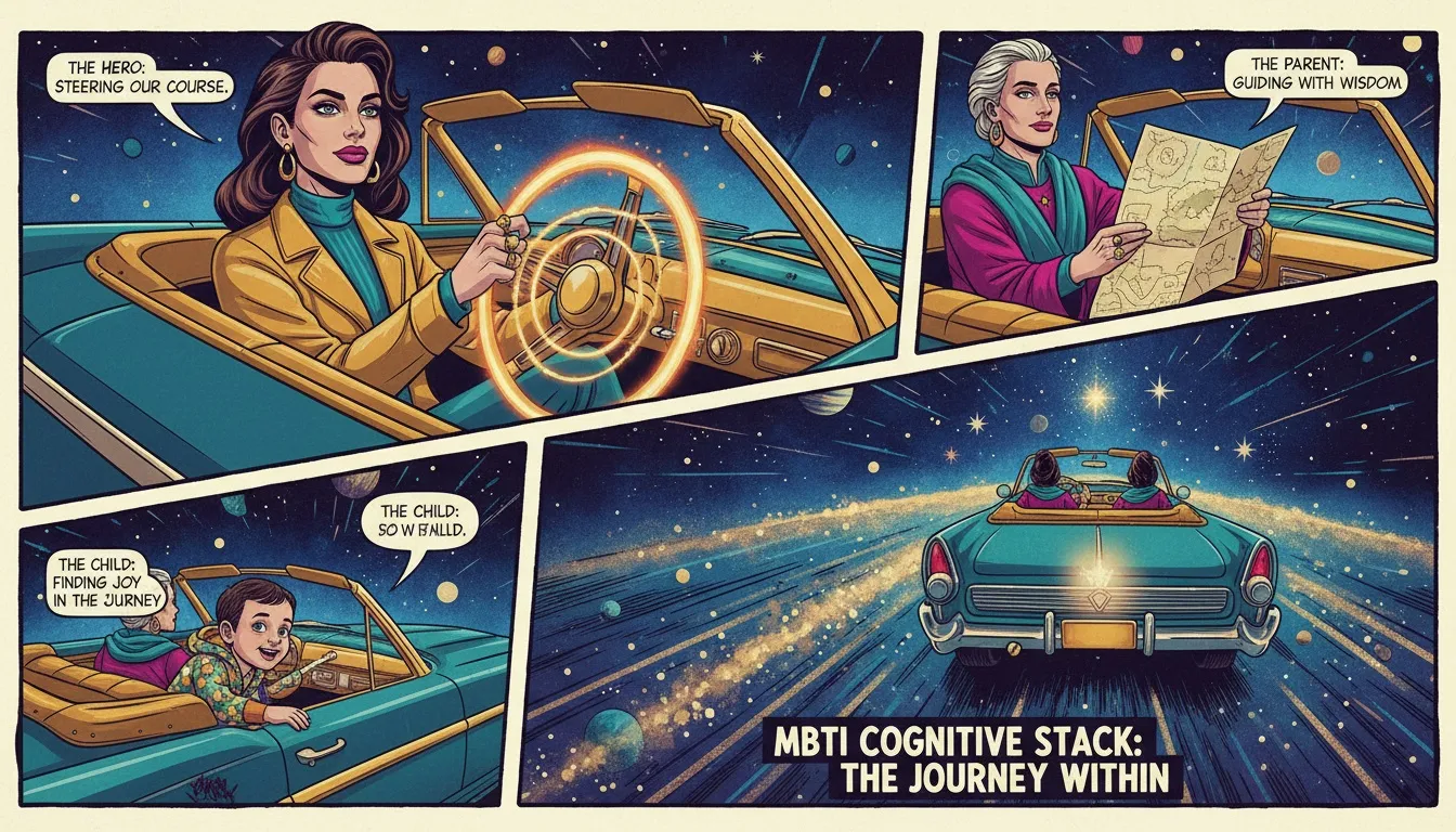 A symbolic representation of the MBTI cognitive stack, showing four archetypes in a car driving through the cosmos, illustrating the roles of the hero, parent, child, and inferior functions. mbti-cognitive-stack-explained.webp